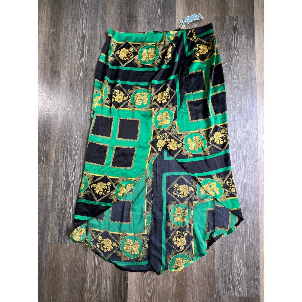 Boohoo Maxi Skirt Womens US 16 Green Baroque Chain Print High Low Satin Wrap